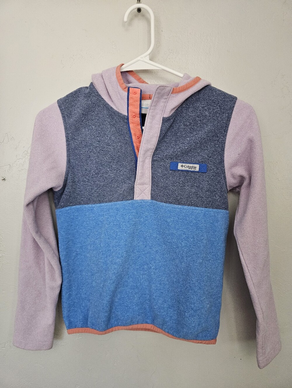Columbia Girls Small 8 Colorblock Fleece Pullover Hoodie - Blue, Lilac & Coral - Picture 1 of 3